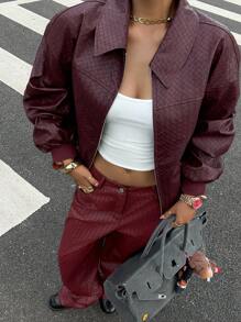 Muchica 女式纯色落肩长袖拉链 PU 皮夹克 - 紅色 - 查看 5