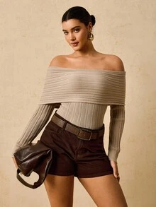 SHEIN VCAY Modny sweter damski z odkrytymi ramionami i długim rękawem w jednolitym kolorze