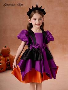 Glamorique Kids Váy biểu diễn tiệc tùng ngày lễ cho bé gái, váy hóa trang phù thủy với tông màu chủ đạo là tím và đen, tay bồng, chân váy nhiều lớp, lớp lót bằng vải satin màu cam bí ngô, váy công chúa cho tiệc tùng ngày lễ - Màu tím - Xem 5