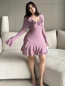 Flirla Plus Size V-Neck Ruffle Hem Bodycon Knit Dress, New Autumn Collection Fall Cloth For Women