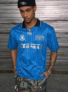 AXEPEAK 男士字母印花短袖休闲宽松 Polo 衫 - 藍色 - 查看 4