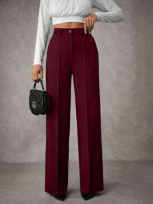 EURMUSE Women's Solid Pleated Seam Detailed Suit Pants - Burgundy - View 3