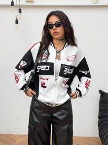 Coolane Women's Fall/Winter Streetwear Blokecore Color-Blocked Letter Pattern Print Baseball Jackets For Back To School - White - View 3