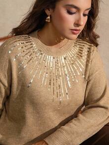 Juhart 女士纯色串珠休闲套头衫 - 駝色 - 查看 4