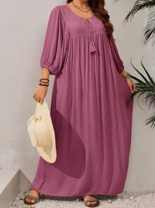 EMERY ROSE 大码女式撞色蕾丝流苏系带灯笼袖休闲连衣裙