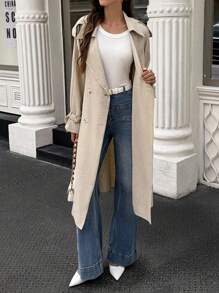 SHEIN LUNE 女式仿亚麻双排扣长款风衣 - 卡其色 - 查看 6