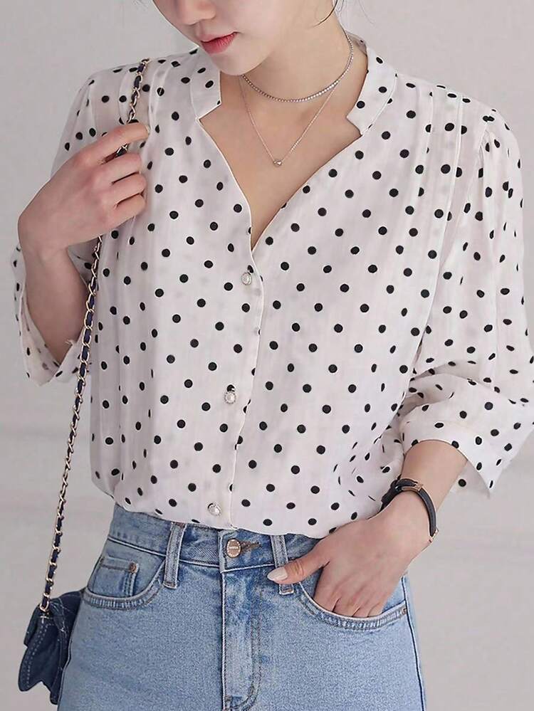 Women's V-Neck Polka Dot Printed Elegant Casual Blouse,Ruffle Long Sleeve Top