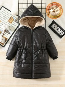 SHEIN 1 buc Palton matlasat pentru băieți, casual, universitar, confortabil, minimalist, practic, versatil, contrastant, căptușit termic, cu glugă până la genunchi, pentru întoarcerea la școală, purtare zilnică, școală, ieșiri, sport, palton de toamnă/iarnă, palton negru de iarnă pentru băieți, palton pufos cu căptușeală din sherpa - Negru - Vizualizare 6