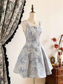 Vintamour 复古经典优雅女装，春夏修身提花连衣裙，无袖直筒连衣裙，短裙，喇叭裙，太阳裙 - 藍色 - 查看 9