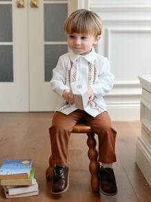 Souflis Souflis 2pcs Baby Boy Woven Waffle Collar Colorblock Print Long Sleeve Button Shirt & Straight Leg Casual Pants Set, Stylish For Spring/Autumn Everyday Wear Fall Winter - Multicolor - View 2