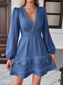 Breezaya Women's Solid Color Lace V-Neck Lantern Sleeve Fashion Dress Fall Cloth For Women