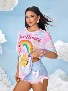 SHEIN X Care Bears 女款卡通熊与彩虹图案圆领短袖T恤
