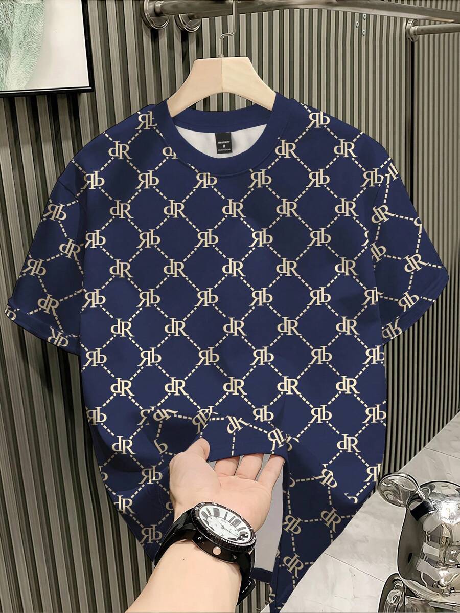 Manfinity Dauomo 男士夏季字母印花圆领短袖休闲T恤 - 寶藍色 - 查看 1