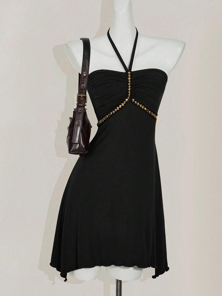 SHEIN ICON 修身不对称下摆链条装饰挂脖连衣裙