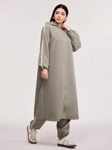 Veilorie Contrast Tape Side Hooded Coat & Pants 2 Pieces Set - Army Green - View 4
