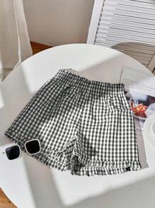 Comfortcana Plus Size Women's Casual Black & White Plaid Ruffle Hem Shorts, Suitable For Summer - Red - View 1