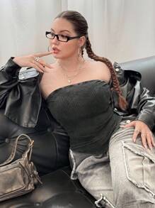 SHEIN EZwear Black Strapless Plus Size Women Top - Black - View 5