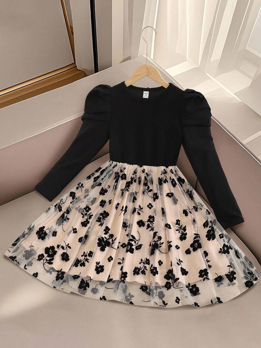 Tween Girl Casual Elegant Round Neck Puff Lantern Long Sleeve Floral Patchwork Mesh Ruffle Hem Dress, Suitable For Halloween, Christmas, Day Of The Dead, Black Fall Winter - Black - View 1