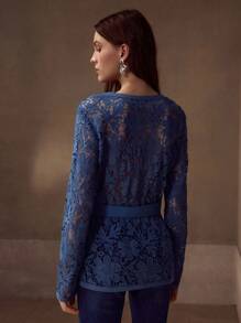 MOTF PREMIUM 女士蓝色镂空刺绣优雅束腰夹克 - 藍色 - 查看 6