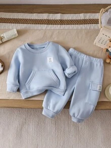 SHEIN 2 件套男婴幼儿新生儿 0-3 岁休闲日常穿着圆领长袖羊毛运动衫和运动裤套装，秋冬 - 藍色 - 查看 1