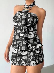 Aloruh Đầm ngắn hở lưng họa tiết hoa hồng xương rồng gợi cảm phong cách Halloween Y2K dành cho nữ, đầm Halloween - màu đen - Xem 5