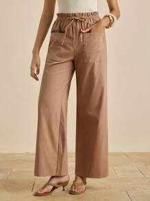 INAWLY Women's Casual Solid Color Cotton Pants With Pockets Fall Cloth For Women - Brown - View 1