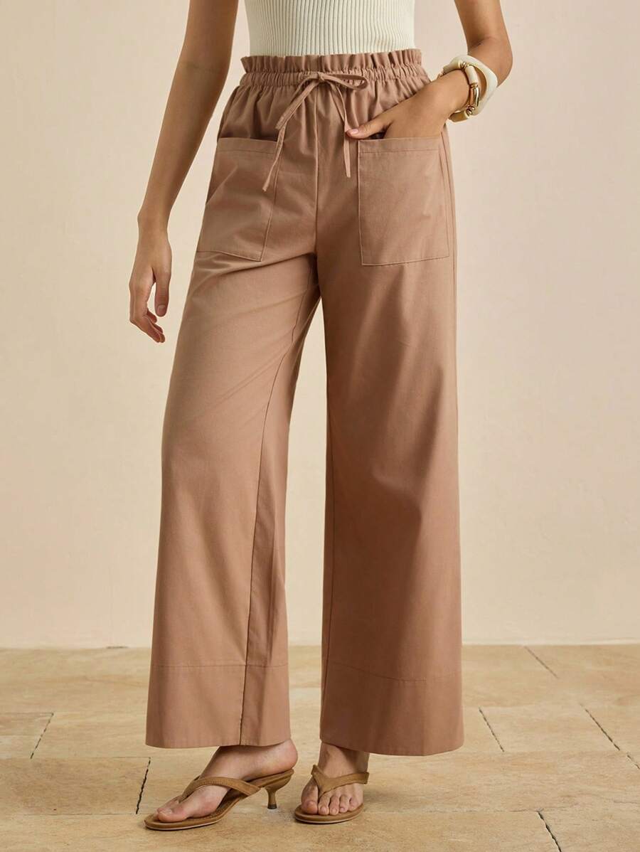 INAWLY Women's Casual Solid Color Cotton Pants With Pockets Fall Cloth For Women - Brown - View 1