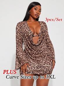 SHEIN SXY 大码女装春夏性感日常基础款三件套，豹纹网纱面料垂领连衣裙+比基尼文胸+半身裙套装，适合日常穿着。豹纹动物印花，适合日常穿着，波西米亚风，外出，度假，海滩度假，假日，海边，西式服装，音乐节，演唱会，狂欢节派对，层次丰富，约会之夜，伊比沙岛，纳什维尔，休闲，端庄，时尚，夜店，可爱，休闲，购物，街头风，外出，显瘦，凸显身材，修饰身形，返校节礼服 - 彩色 - 查看 5