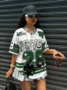 Rovax Damen Lässig V-Ausschnitt Shirt mit Buchstaben- und Zahlenprint, weite Schultern, kurze Ärmel, Sommer