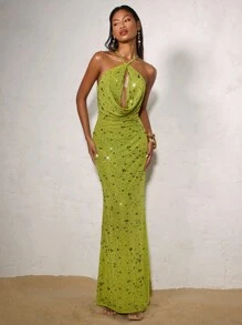 SHEIN BAE 夏季女式露背交叉深摆领修身露背鱼尾长裙、晚礼服、夜总会礼服、派对礼服、夏季连衣裙、女士度假装、女士沙滩装、乡村音乐会装 - 綠色 - 查看 3