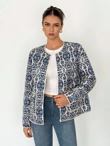 SHEIN Tall Women's Floral Print Long Sleeve Zip Front Casual Winter Jacket Printed Jacket Blue Jacket - Blue and White - View 4