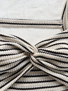 Soleia Plus Size Women's Vacation Knitted Striped Twist Front Keyhole Backless Jumpsuit, Autumn/Winter - Black and White - View 4