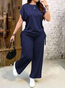 EMERY ROSE 2pcs Navy Blue Solid Color Plus Size Women Casual Set, Suitable For Summer - Navy Blue - View 4