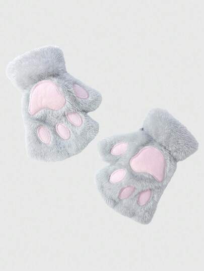 Kawaii 1 par de guantes sin dedos con diseño de pata de gato de peluche, aptos para uso diario