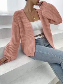 EURMUSE 女士纯色落肩长袖宽松休闲针织开衫 - 乾枯玫瑰色 - 查看 3