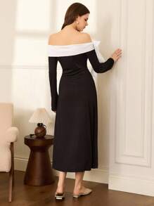 Vestido elegante Moireta con hombros descubiertos, decoración de lazo y contraste de color, vestido negro de manga larga con detalle de lazo, otoño - Blanco y Negro - Ver 2