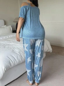SHEIN Bộ đồ ngủ tay ngắn thường ngày in hình ngôi sao và trái tim cỡ lớn, vai bất đối xứng, bộ đồ ngủ hình trái tim, bộ đồ ngủ mặc ở nhà cho nữ, bộ đồ ngủ mặc ở nhà phù hợp, bộ đồ ngủ thoải mái, bộ đồ mặc ở nhà, trang phục - Màu xanh lam - Xem 3