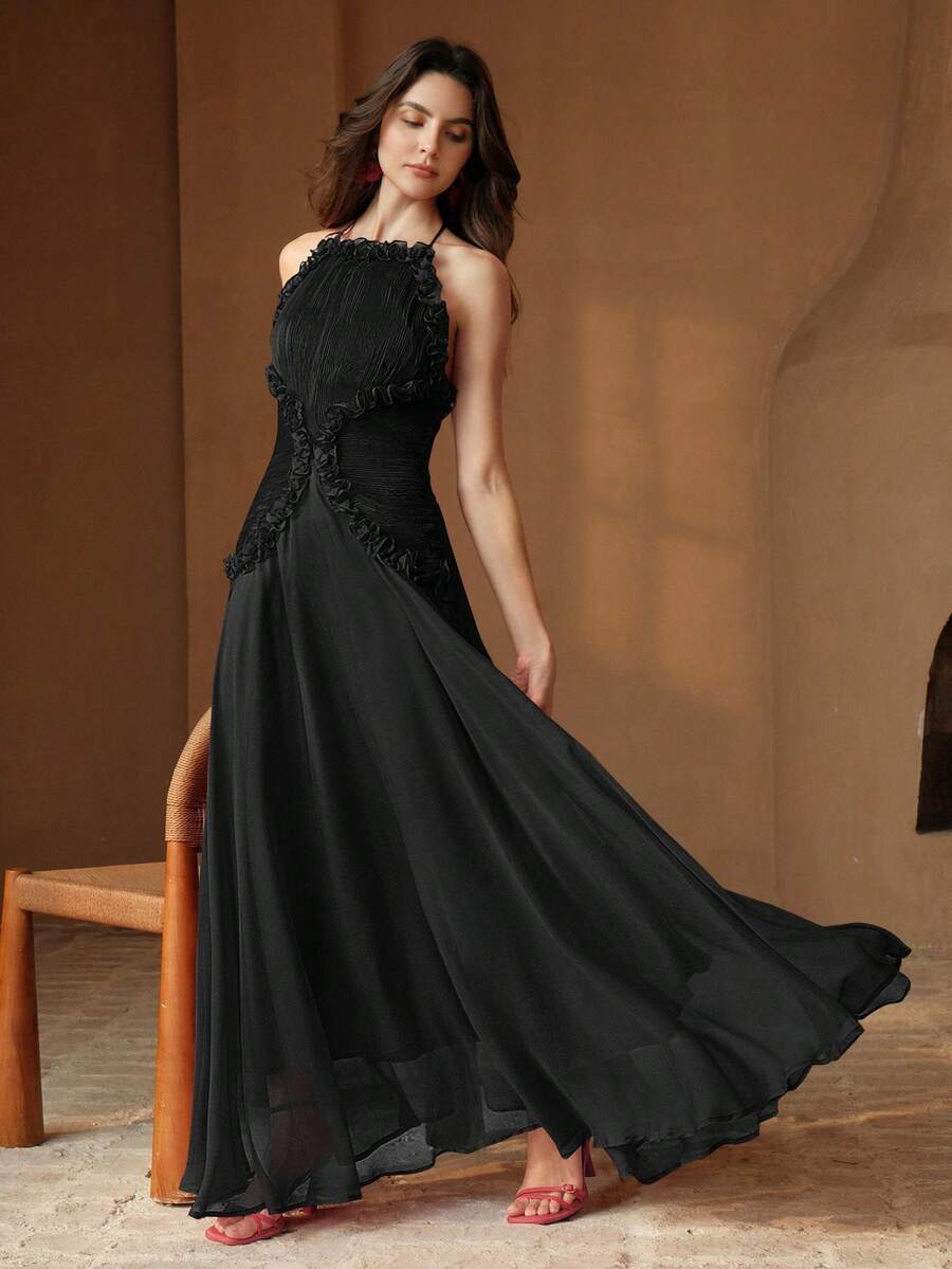 Anewsta Váy cocktail mini cao cấp, dây mảnh màu đỏ thanh lịch, eo nhún bèo, viền nhún bèo - màu đen - Xem 1