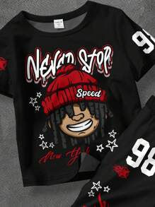 SHEIN 男婴休闲时尚卡通人物，城市名称纽约文字，火焰，星星印花 T 恤和喇叭裤 2 件套，适合春夏季，返校，男童服装，Y2K - 白色 - 查看 3