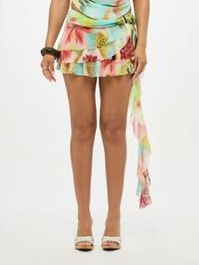 SUMWON WOMEN 迷你裙水彩花卉印花荷叶边网眼侧褶覆盖夏季海滩度假装假期节日派对俱乐部装 - 彩色 - 查看 3