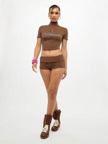 SUMWON WOMEN Two Piece High Neck Zip Top And Booty Shorts Co Ord Set - Crop Set With Lettering Print Festival Summer Beachwear - Brown - View 7