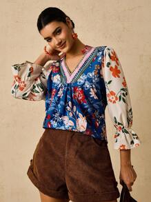 Travachic 大码女式花卉印花 V 领 3/4 袖收腰 A 字型衬衫，适合初秋