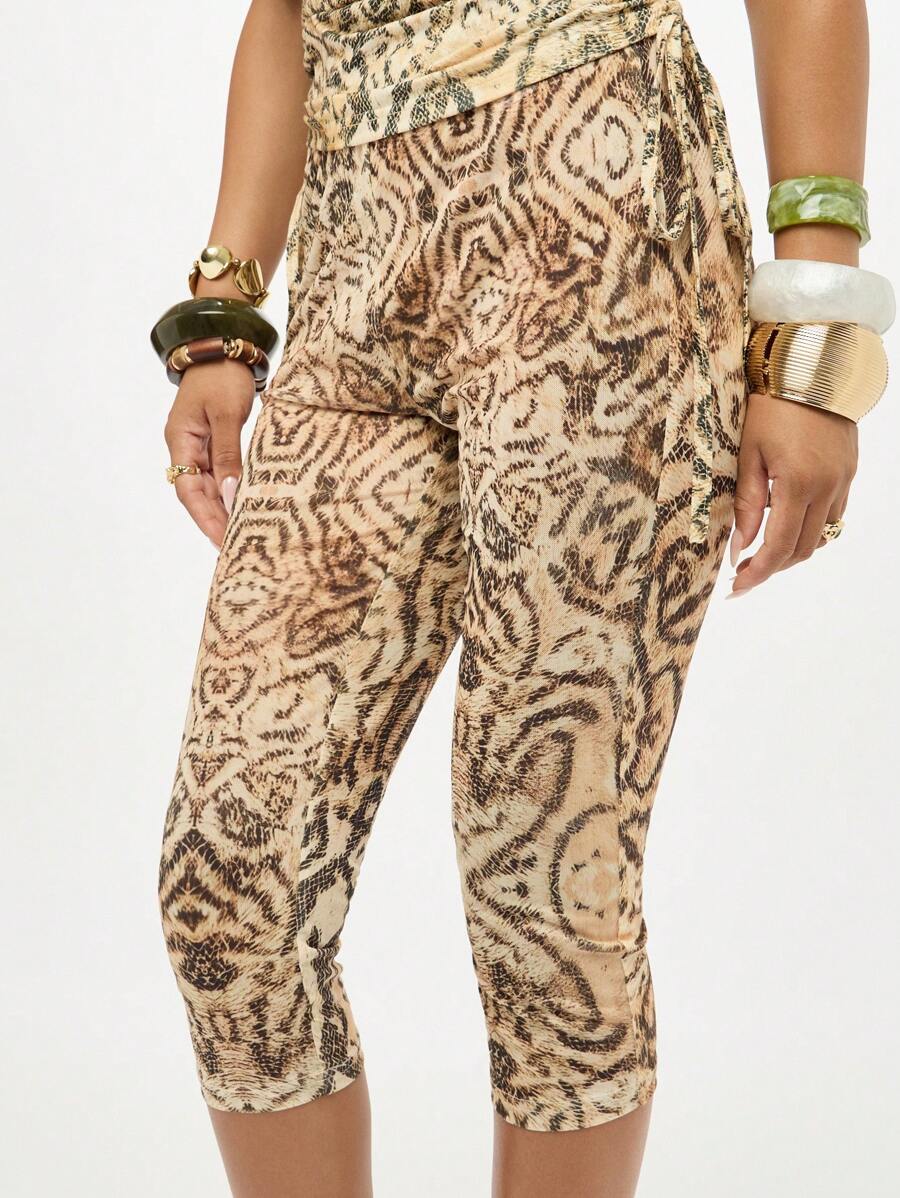 SUMWON WOMEN Animal Print Capri Leggings High Rise Snakeskin Pattern Mesh Fabric Fashion Summer Vacation Party Club Evening Wear - Multicolor - View 1