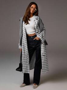 Athîral Women's Lapel NeckLong Sleeve Long Casual Plaid Print Jacket In Fall/Winter - Multicolor - View 2