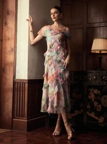 ZEYLAH Váy xếp ly bất đối xứng họa tiết hoa - Nhiều màu - Xem 6