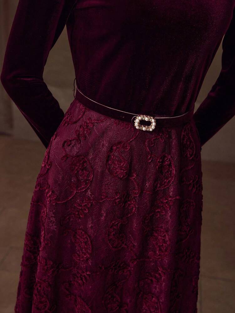 VELVET BODICE LACE FLARE HEM FAUX PEARLS BUCKLE BELTED DRESS