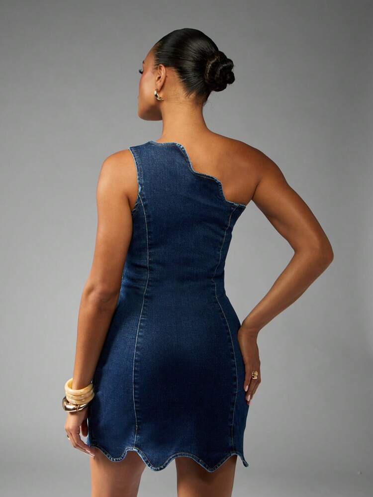 MISSGUIDED One Shoulder Mini Denim Dress Asymmetric Neckline Scalloped Hem Bodycon Fitted Summer Party Club Night Evening Fashion