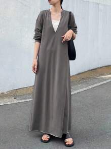 FRIFUL 女式宽松深 V 领落肩长袖开衩休闲长裙，灰色，秋季