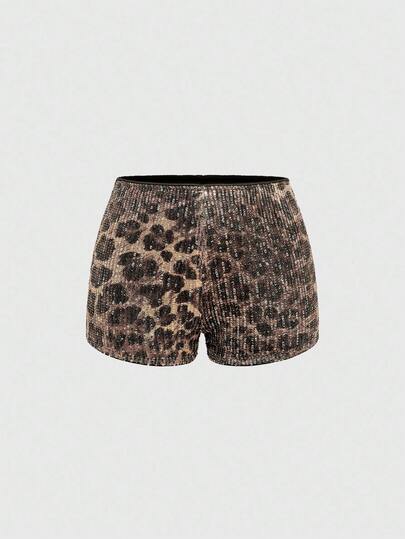 Grunge Punk Short mini taille très basse pour femmes avec imprimé léopard et ornements de paillettes, style Y2K