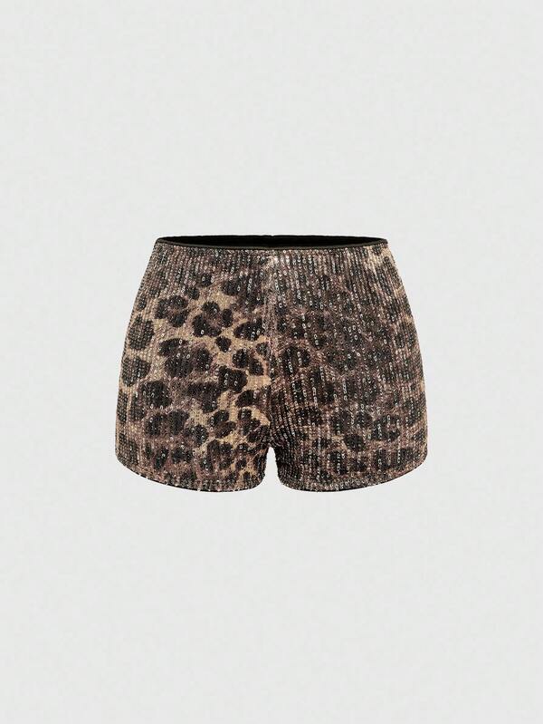 ROMWE Grunge Punk Shorts mini de talle súper bajo con estampado de leopardo y adornos de lentejuelas para mujeres, estilo Y2K
